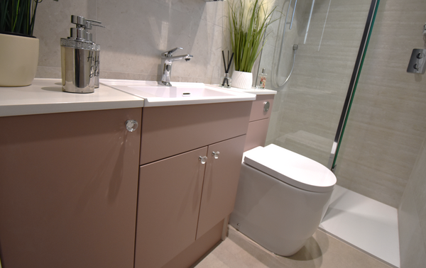 Avalon fitted furniture in soft Matt Rose with sink and WC