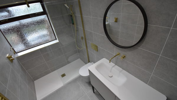 Arial view bathroom with walk-in-shower, Alnwick washstand and wall hung wc