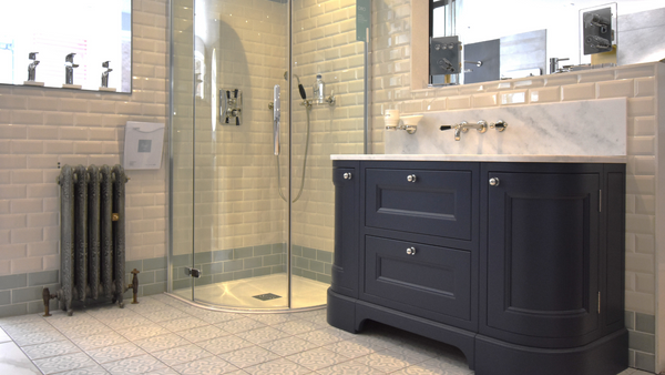 Burbidge Tetbury curved unit in Prussian blue showroom