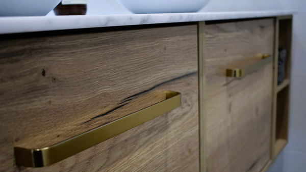 Ashton en-suite  oak unit with brushed brass handles