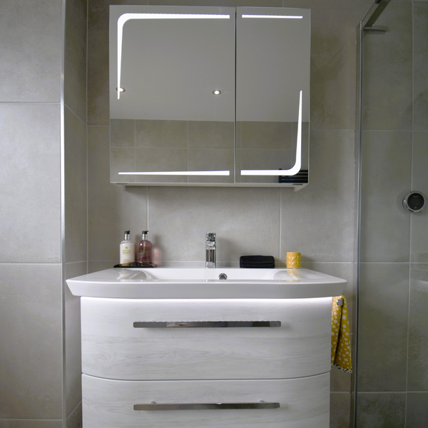 Pelipal contea 2 drawer unit in oak white, mineral cast basin and Sol mirrored oak white cabinet