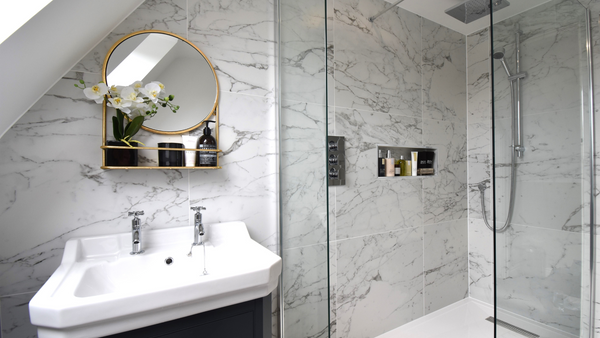 Burlington sink unit in classic grey with carrara marble tiling