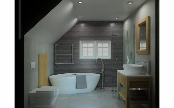 Autocad drawing of bathroom with full white suite and grey tiles