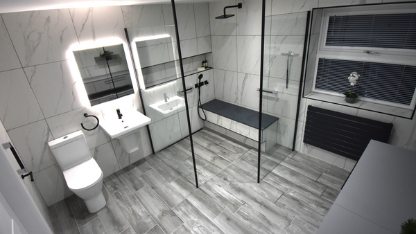 extended height toilet with half pedestal basin and Atrium recessedmirror
