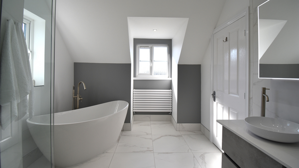 Walk-in shower with Water's freestanding spa bath and Nova single bar radiator