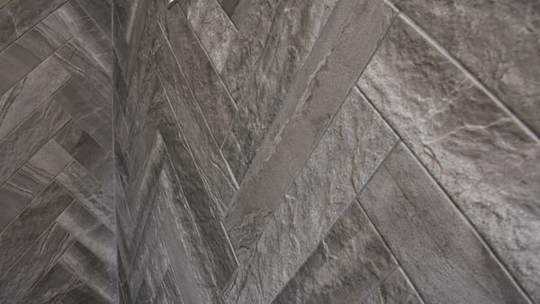 Chevron Grey Porcelain tiles in shower enclosure