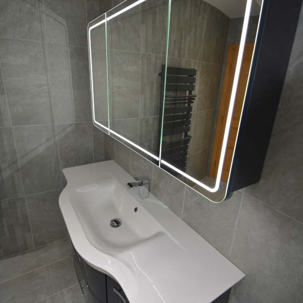 Pelipal Contea two drawer unit with Mineral marble wash basin and Contea Mirrored Cabinet in Anthracite silk gloss.