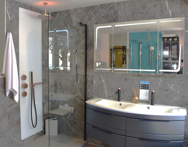 Acquabella shower enclosure with Pelipal sink unit and illuminated mirror