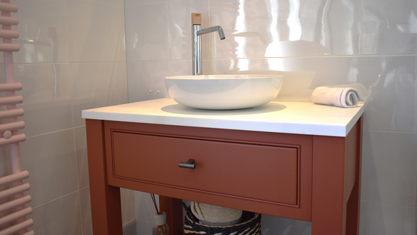 Langton wash stand in Tuscan red with Kaldewei Miena stainless steel countertop basin