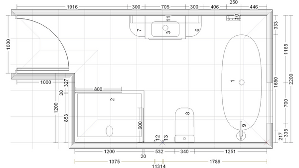 Bathroom renovation drawing with dimensions