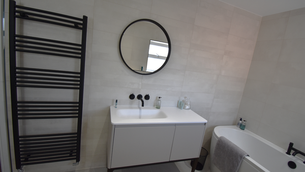 Burbidge Alnwick washstand in cashmere with Alnwick round mirror in conker