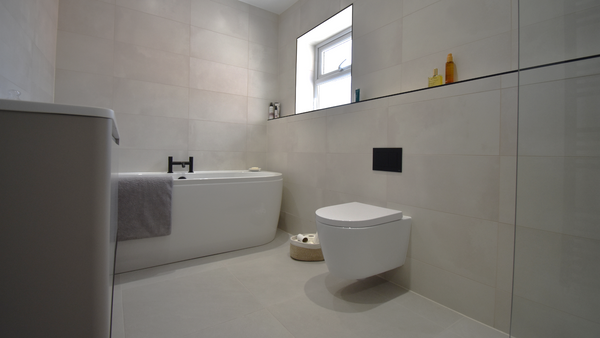 Yorkshire Tile Company tiles to walls and floors in Coast White and Maze White