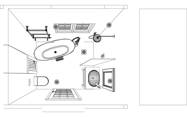 Black and white drawing of new bathroom design