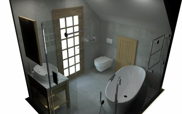 Autocad drawing of new bathroom with white suite and grey tiles 